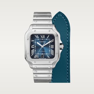 Cartier Santos de Cartier Uhr Großes Modell Automatikwerk Stahl austauschbare Armbänder aus Metall und Leder